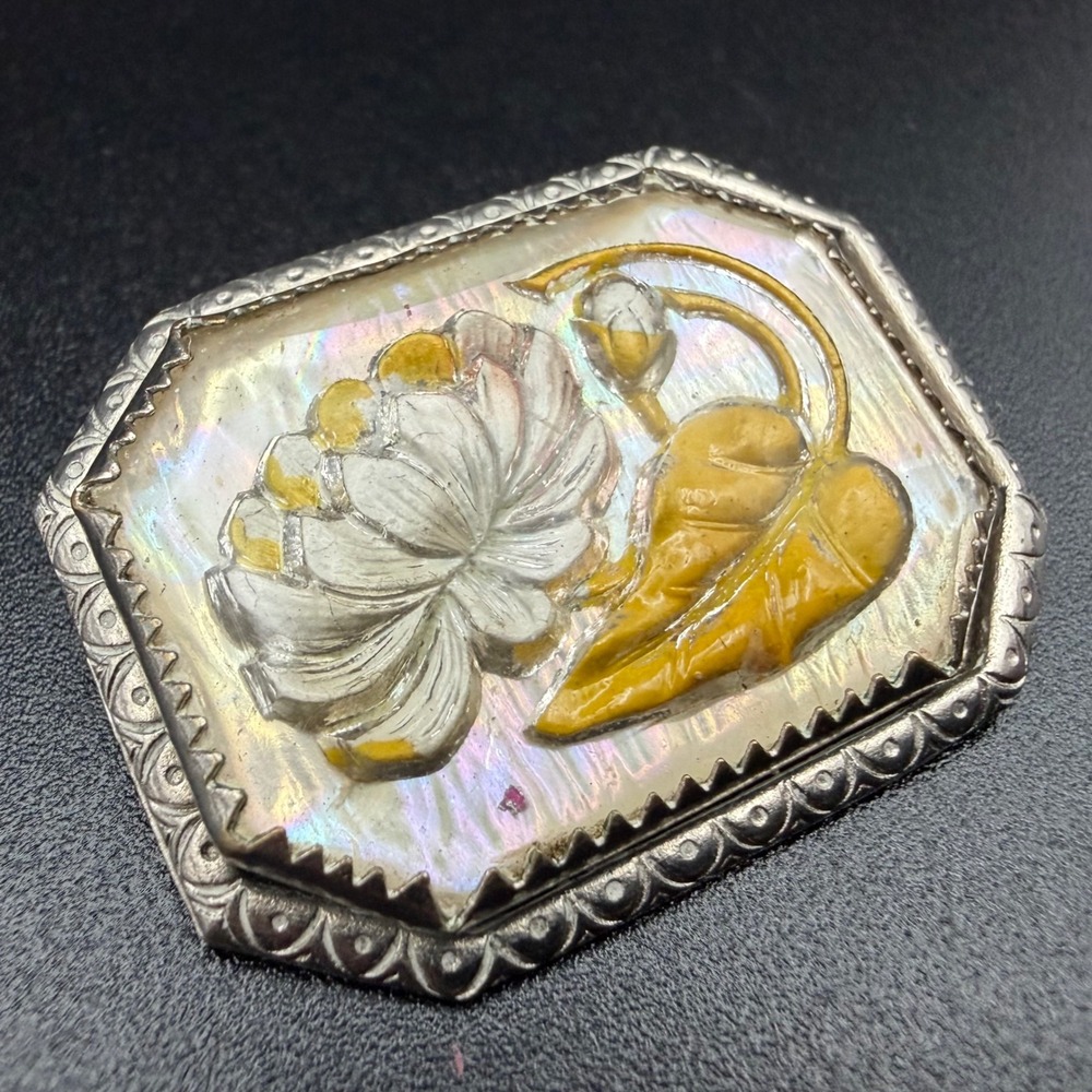Vintage Reverse Carved Brooch Dahlia Flower Goofus Glass Art Deco 1.5in